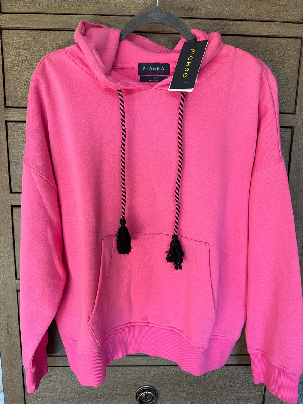 NWT Hot Pink Pullover Hoodie Sweatshirt Womens XXL Italy black Tassels Cozy Soft